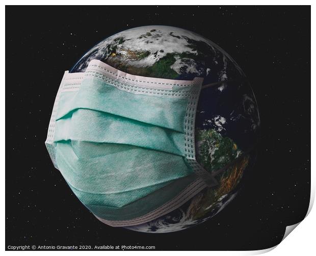 Planet earth with surgical mask. Print by Antonio Gravante