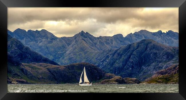 Yacht crossing Loch na Cuilce in front of the Cuillins Framed Print by Richard Smith