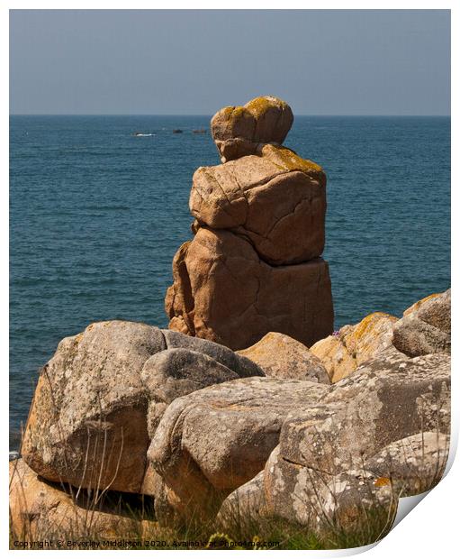 Granite couple looking out to sea on Brittanys pink granite coast, France Print by Beverley Middleton