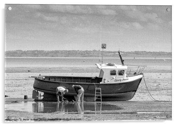 Fishermen maintain their boat at low tide at Thorpe Bay, Essex, UK. Acrylic by Peter Bolton