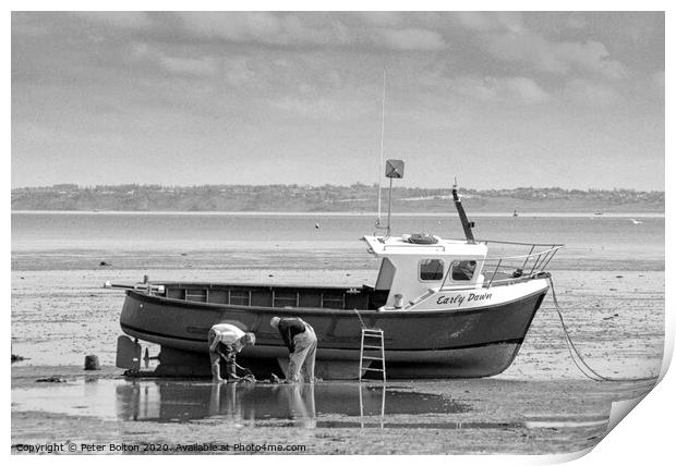 Fishermen maintain their boat at low tide at Thorpe Bay, Essex, UK. Print by Peter Bolton