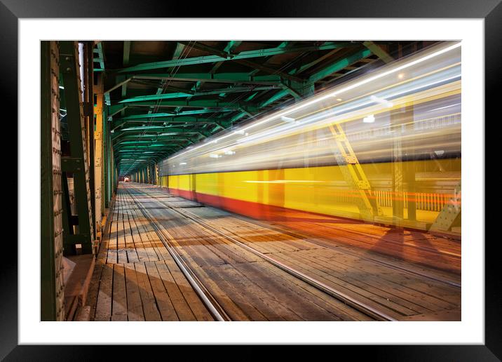 Bridge With Tram Light Trails In Warsaw Framed Mounted Print by Artur Bogacki
