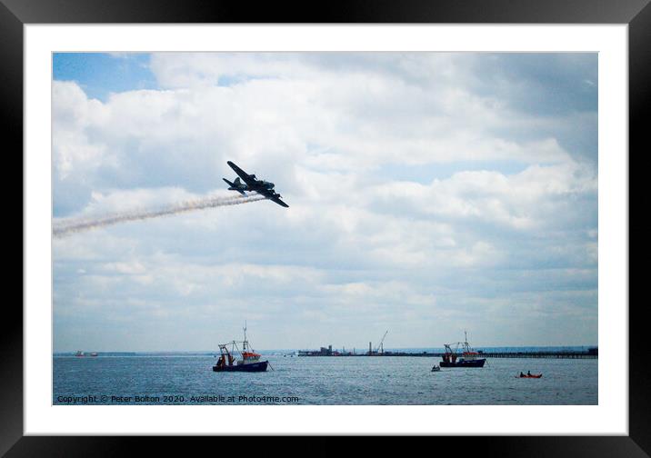 'Limping home'. aircraft at Southend Air Show reenacts damaged bomber returning home.. Framed Mounted Print by Peter Bolton