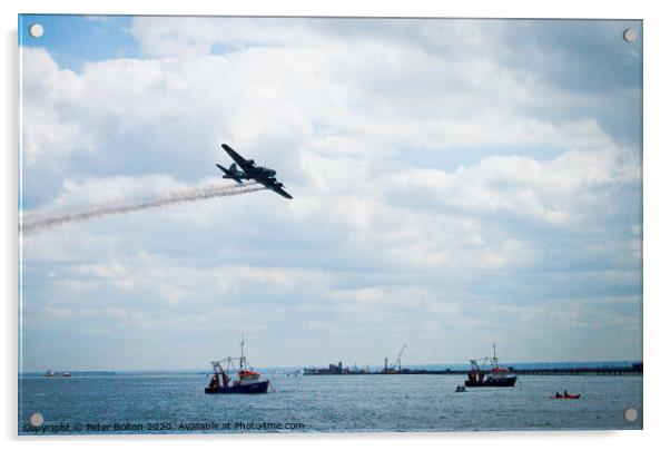 'Limping home'. aircraft at Southend Air Show reenacts damaged bomber returning home.. Acrylic by Peter Bolton