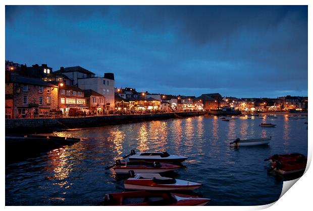 St. Ives harbour at night. Cornwall, Uk. Print by Peter Bolton