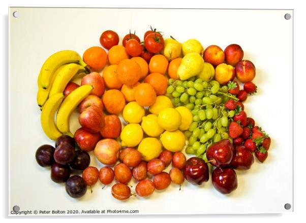 Still life of fresh fruits arranged as graphic design on a white background Acrylic by Peter Bolton