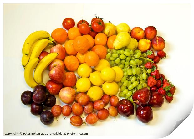 Still life of fresh fruits arranged as graphic design on a white background Print by Peter Bolton