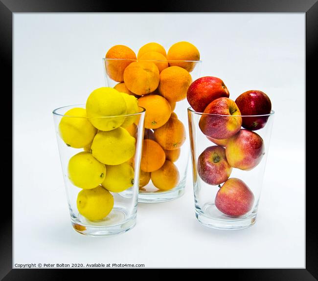 Graphic design of lemons, apples and oranges arranged in glass tumblers. Framed Print by Peter Bolton