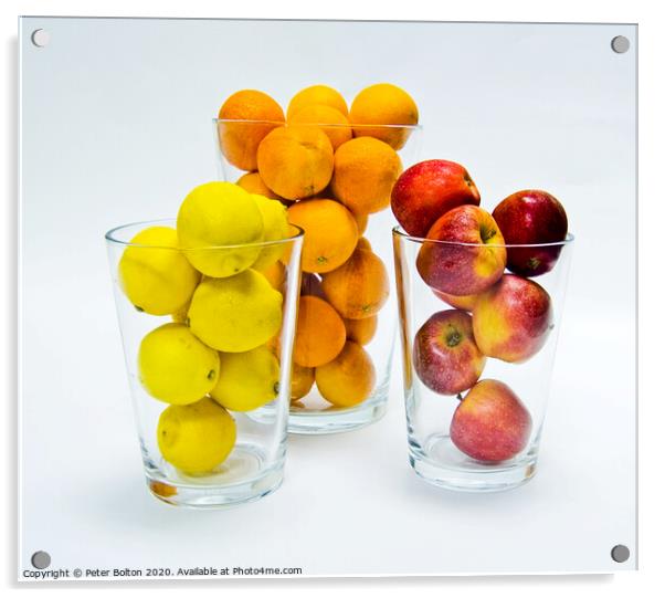 Graphic design of lemons, apples and oranges arranged in glass tumblers. Acrylic by Peter Bolton