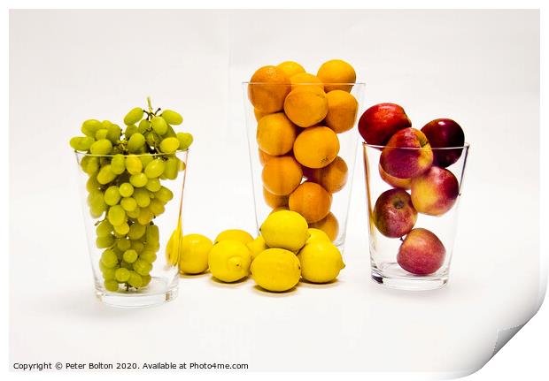 Still life of fresh fruits arranged as graphic design on a white background Print by Peter Bolton