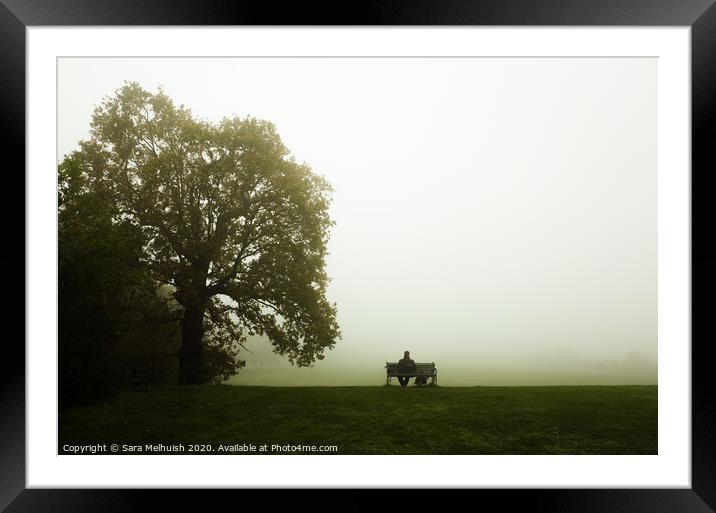 Man on a bench by a tree Framed Mounted Print by Sara Melhuish