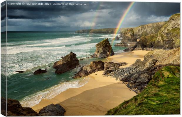 Bedruthan Steps, with double rainbow Canvas Print by Paul Richards