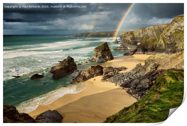 Bedruthan Steps, with double rainbow Print by Paul Richards