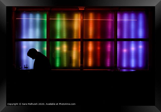 Silhouette by rainbow window Framed Print by Sara Melhuish
