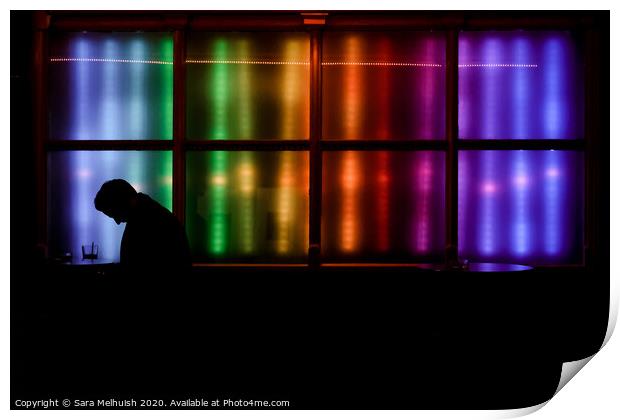 Silhouette by rainbow window Print by Sara Melhuish
