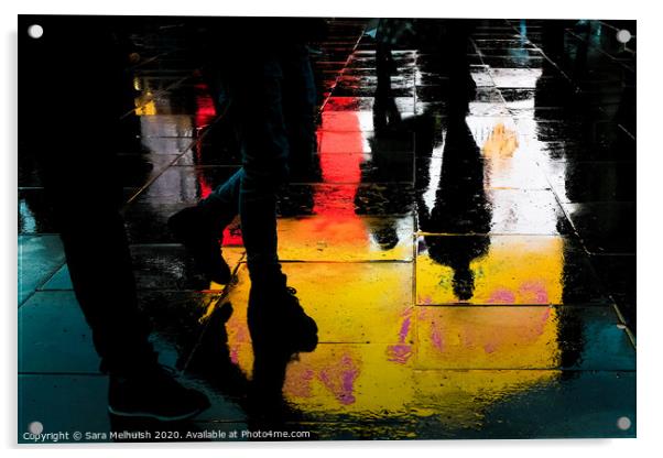 Feet and reflections in wet pavement Acrylic by Sara Melhuish