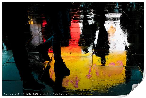 Feet and reflections in wet pavement Print by Sara Melhuish