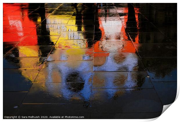 abstract reflections of shadows and neon light in wet pavement Print by Sara Melhuish