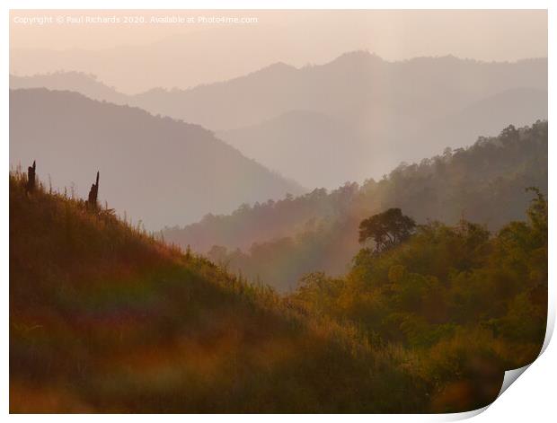 Mountains at sunset, in northern Thailand Print by Paul Richards