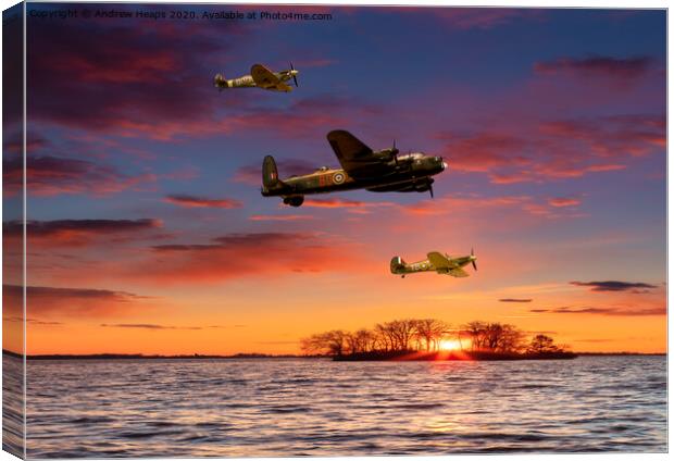 Spitfire and Lancaster bomber and Hurricane. Canvas Print by Andrew Heaps