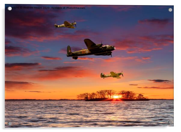 Spitfire and Lancaster bomber and Hurricane. Acrylic by Andrew Heaps