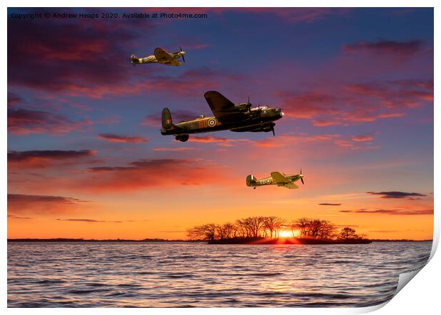 Spitfire and Lancaster bomber and Hurricane. Print by Andrew Heaps