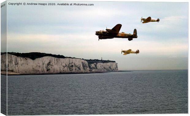 Homeward bound Spitfire and Hurricane plus Lancast Canvas Print by Andrew Heaps