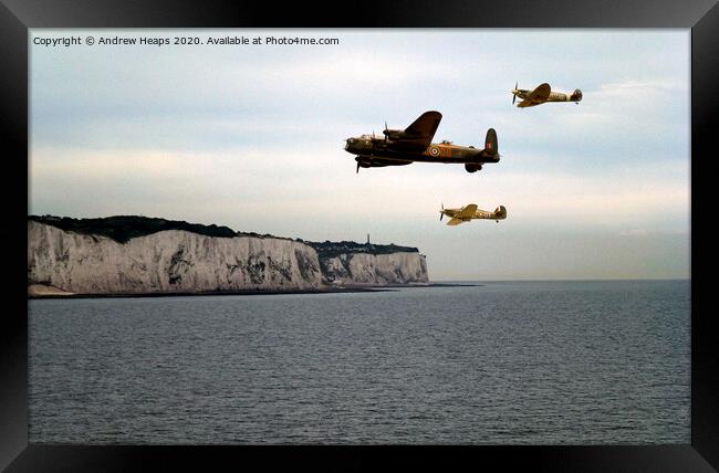 Homeward bound Spitfire and Hurricane plus Lancast Framed Print by Andrew Heaps