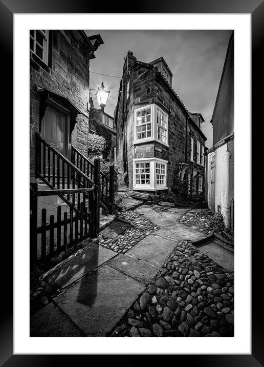 Peacock Row in Robin Hoods Bay - Mono Framed Mounted Print by Martin Williams