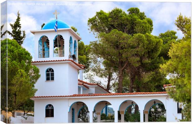 Exterior of the traditional white-blue Greek bell tower of a Christian Orthodox temple in Loutraki, Greece. Canvas Print by Sergii Petruk