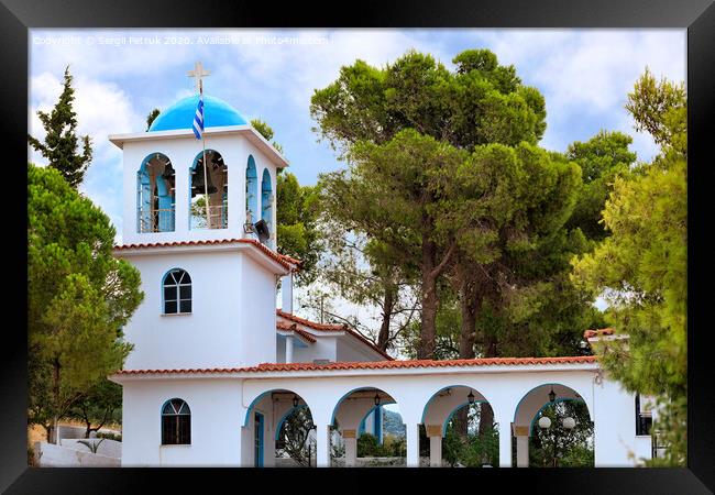 Exterior of the traditional white-blue Greek bell tower of a Christian Orthodox temple in Loutraki, Greece. Framed Print by Sergii Petruk