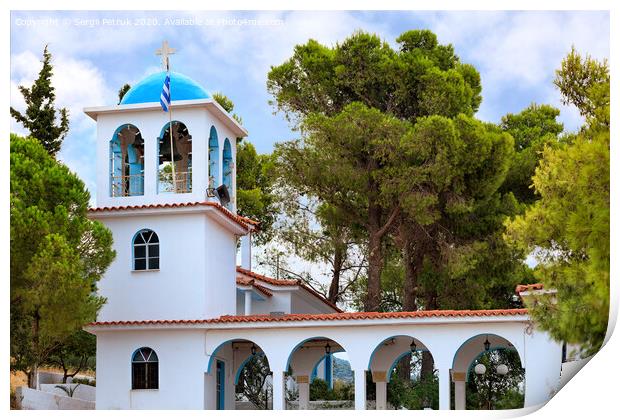 Exterior of the traditional white-blue Greek bell tower of a Christian Orthodox temple in Loutraki, Greece. Print by Sergii Petruk