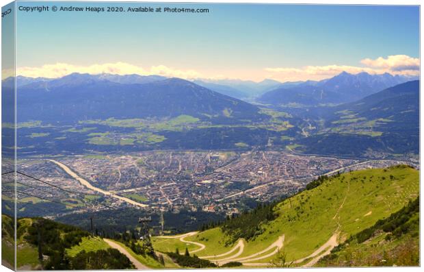 Austrian mountain scene looking down over Salzburg Canvas Print by Andrew Heaps