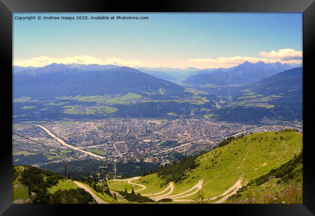 Austrian mountain scene looking down over Salzburg Framed Print by Andrew Heaps