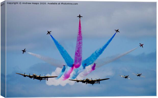 Red Arrows & Lancaster bomber plus Spitfires. Canvas Print by Andrew Heaps