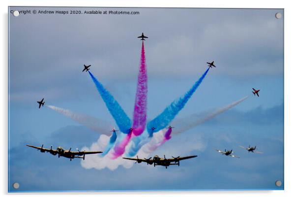 Red Arrows & Lancaster bomber plus Spitfires. Acrylic by Andrew Heaps