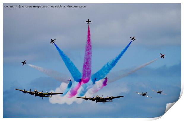 Red Arrows & Lancaster bomber plus Spitfires. Print by Andrew Heaps