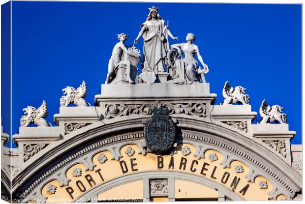 Port Authority Building Statues Barcelona Spain Canvas Print by William Perry