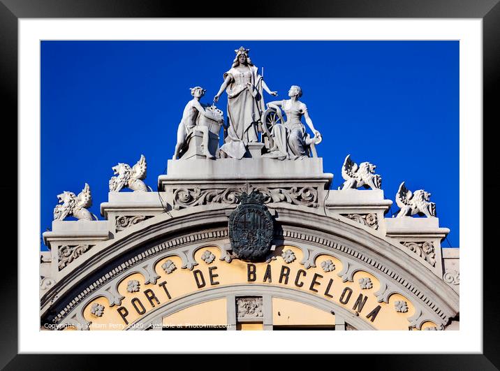Port Authority Building Statues Barcelona Spain Framed Mounted Print by William Perry