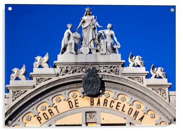 Port Authority Building Statues Barcelona Spain Acrylic by William Perry