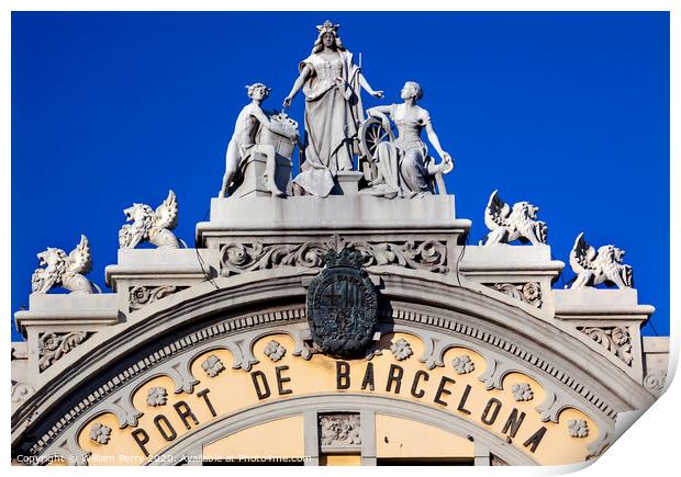 Port Authority Building Statues Barcelona Spain Print by William Perry