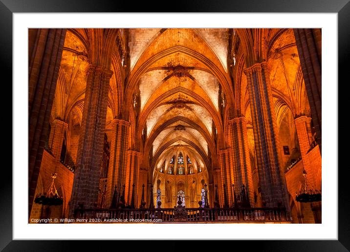 Gothic Catholic Barcelona Cathedral Basilica Stone Columns Catalonia Spain Framed Mounted Print by William Perry