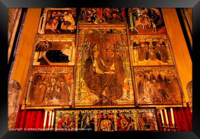 Painted Choir Stall Bishops Mary Gothic Catholic Barcelona Cathedral Spain Framed Print by William Perry