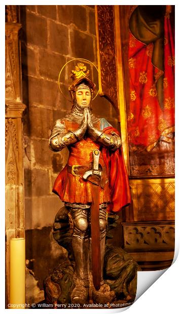St George Statue Gothic Catholic Barcelona Cathedral Catalonia Spain Print by William Perry