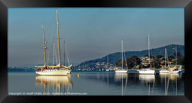 Gosford waterfront Yacht Reflections.  Framed Print by Geoff Childs