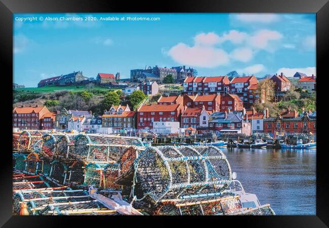 Whitby Harbour Fishing Baskets Framed Print by Alison Chambers