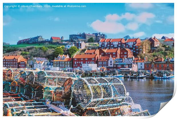 Whitby Harbour Fishing Baskets Print by Alison Chambers