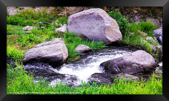 Wild creek with stones and grass Framed Print by Hanif Setiawan