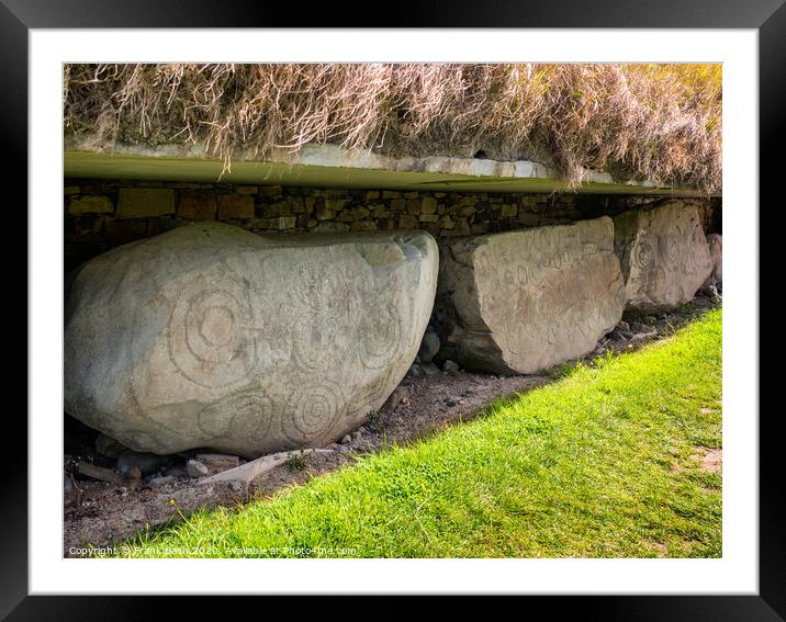 Knowth Neolithic Mound, Kerbstone with spirals and lozenges, Ireland Framed Mounted Print by Frank Bach