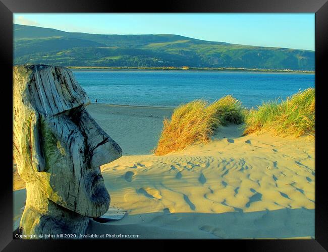 Wooden sculpture on the beach at Barmouth in Wales. Framed Print by john hill